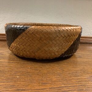 Vtg Rattan Shallow Double Wall Woven Stripe Basket  9"x3" Decor Mid Century Boho